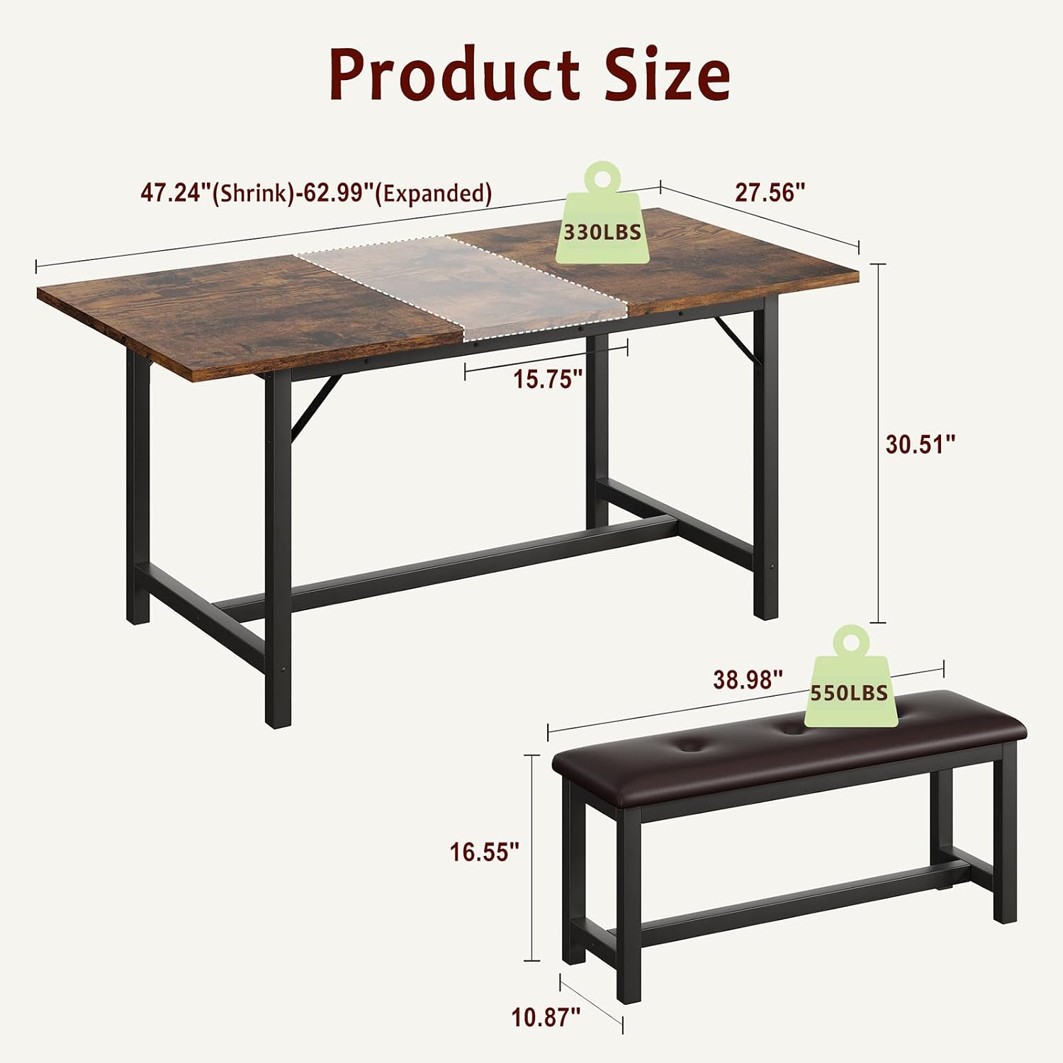 IDEALHOUSE 3 Piece Dining Table Set for 4-6, 63" Extendable Thick Metal Frame Kitchen Table with 2 Upholstered Benches Set for 6, Rectangle Wooden Dinette Table Set for Dining, Apartment, Retro Brown