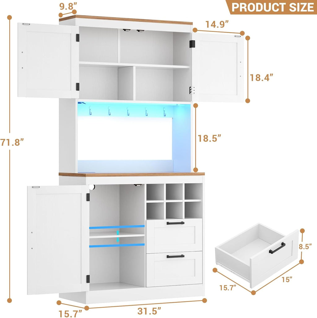 Unikito 72" Tall Pantry Cabinet, Kitchen Pantry Storage Cabinet with LED Light & Outlet, Kitchen Hutch Bar Cabinet with Microwave Stand, Wine Rack, Drawers and Shelves, Cupboard for Dining Room, White