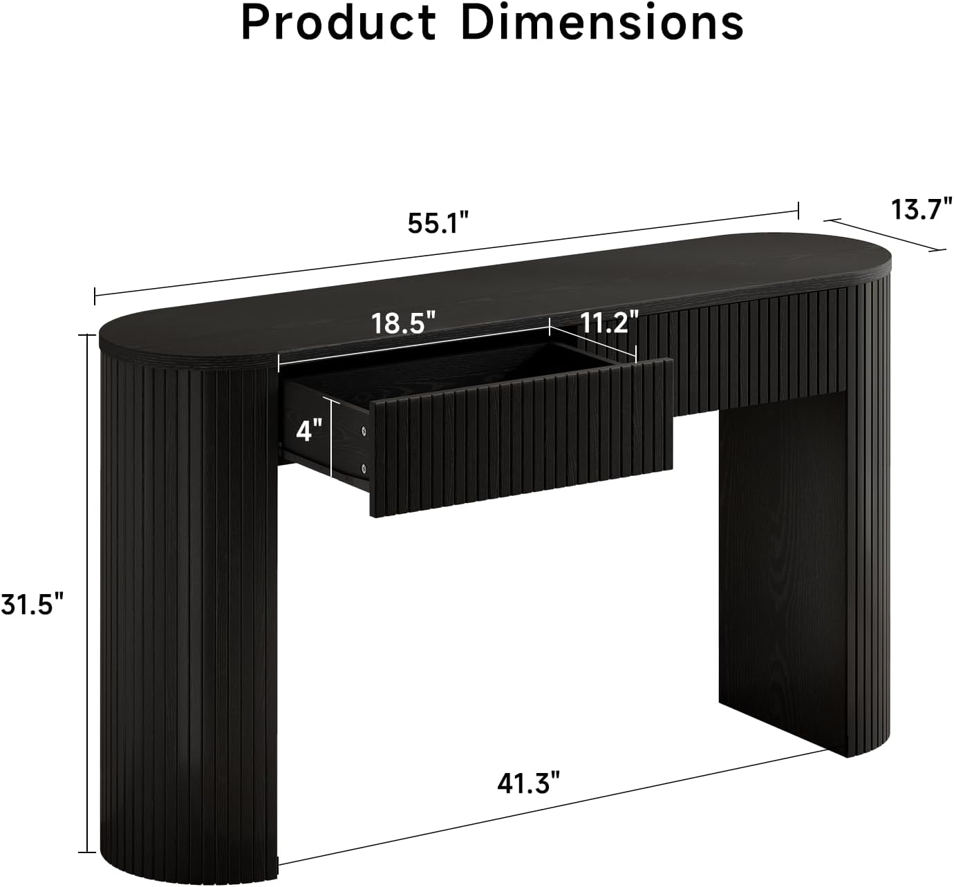 Console Table with Storage Drawers, 55 Inch Fluted Entryway Tables, Mid-Century Sofa Table Behind Couch, Wood Thin Hallway Tables, Modern Foyer Table for Living Room, Hallway, Accent Home Decor Black