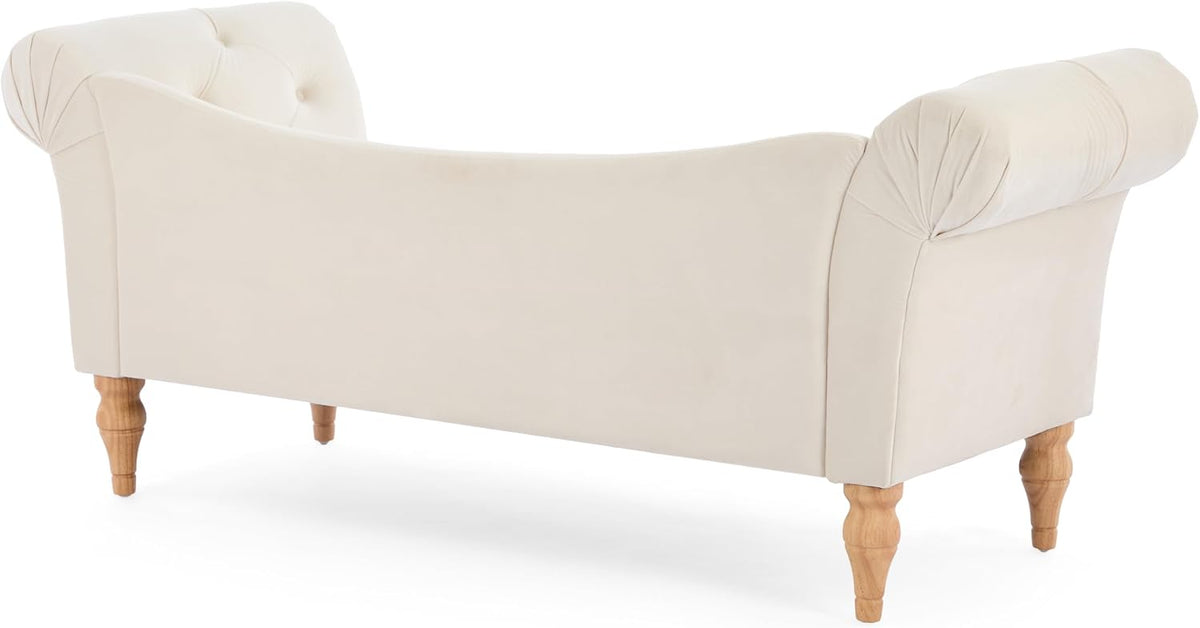 Christopher Knight Home Ucal Velvet Upholstered End of Bed Ottoman, Wooden Living Room Ottoman Bench with Curved Arms, Long Entryway Bench with Button Tufting, Long Seating for Bedroom, Beige