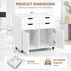 POWERSTONE Mobile File Cabinet with 4 Drawers & 2 Door, Rolling Under Desk Storage Chest with Lockable Wheels, Wood Printer Stand for Home Office Craft Room, White