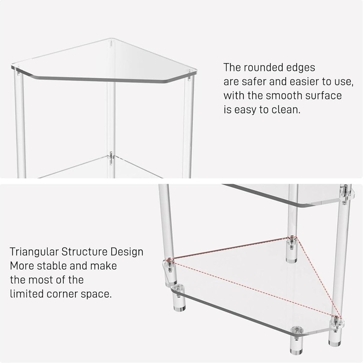65cm / 25.6in Clear Acrylic Triangle End Table,3 Tier Acrylic Corner Side Table with Tempered Glass Shelfr,for Living Room Bedroom, Corner Display Rack Storage