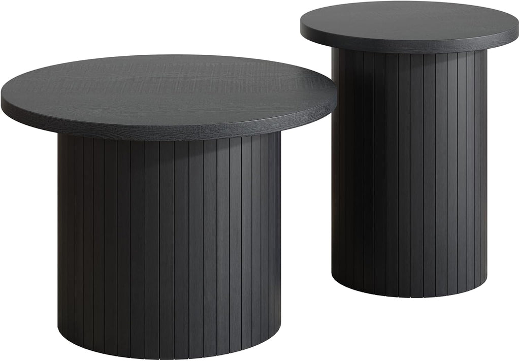 LUXOAK Nesting Coffee Table Set of 2, Mid Century Modern Round Coffee Tables, Wood Slat Side Table Set for Living Room, Office, Balcony, Textured Black