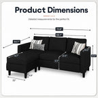 Nuturelly 73.6" L-Shaped Small Sectional Sofa with Ottoman, Black | Tool-Free Assembly, 3-Seater, Medium-Firm Foam+Springs, Pet-Friendly Microfiber, 5.9" Leg Clearance, Spot-Clean Only
