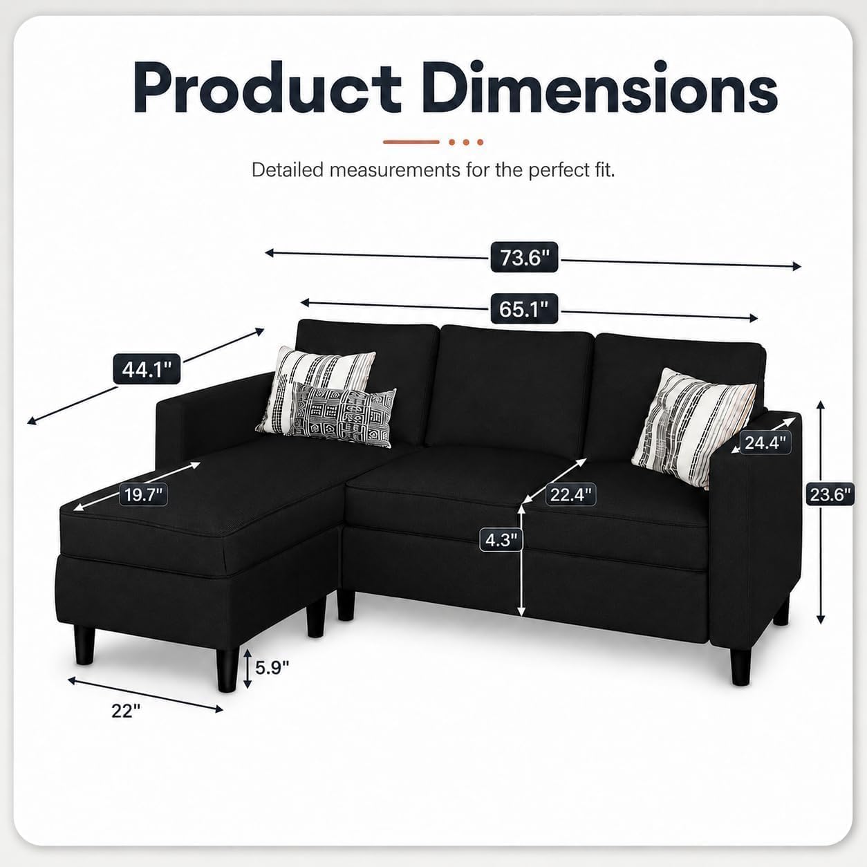 Nuturelly 73.6" L-Shaped Small Sectional Sofa with Ottoman, Black | Tool-Free Assembly, 3-Seater, Medium-Firm Foam+Springs, Pet-Friendly Microfiber, 5.9" Leg Clearance, Spot-Clean Only