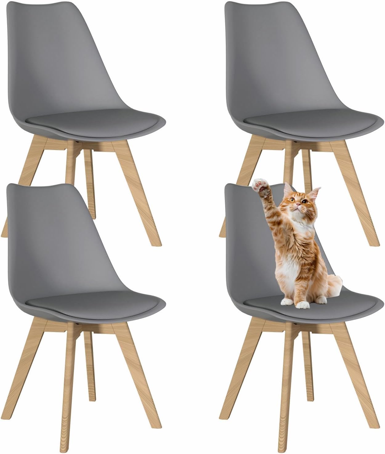 YLGJ&TIDY Modern Dining Chairs Set of 4 PU Leather Upholstered Chairs with Wooden Legs Mid Century Soft Padded Kitchen Chairs for Living Room Bedroom Dining Room Patio (Gray, Pack of 4)