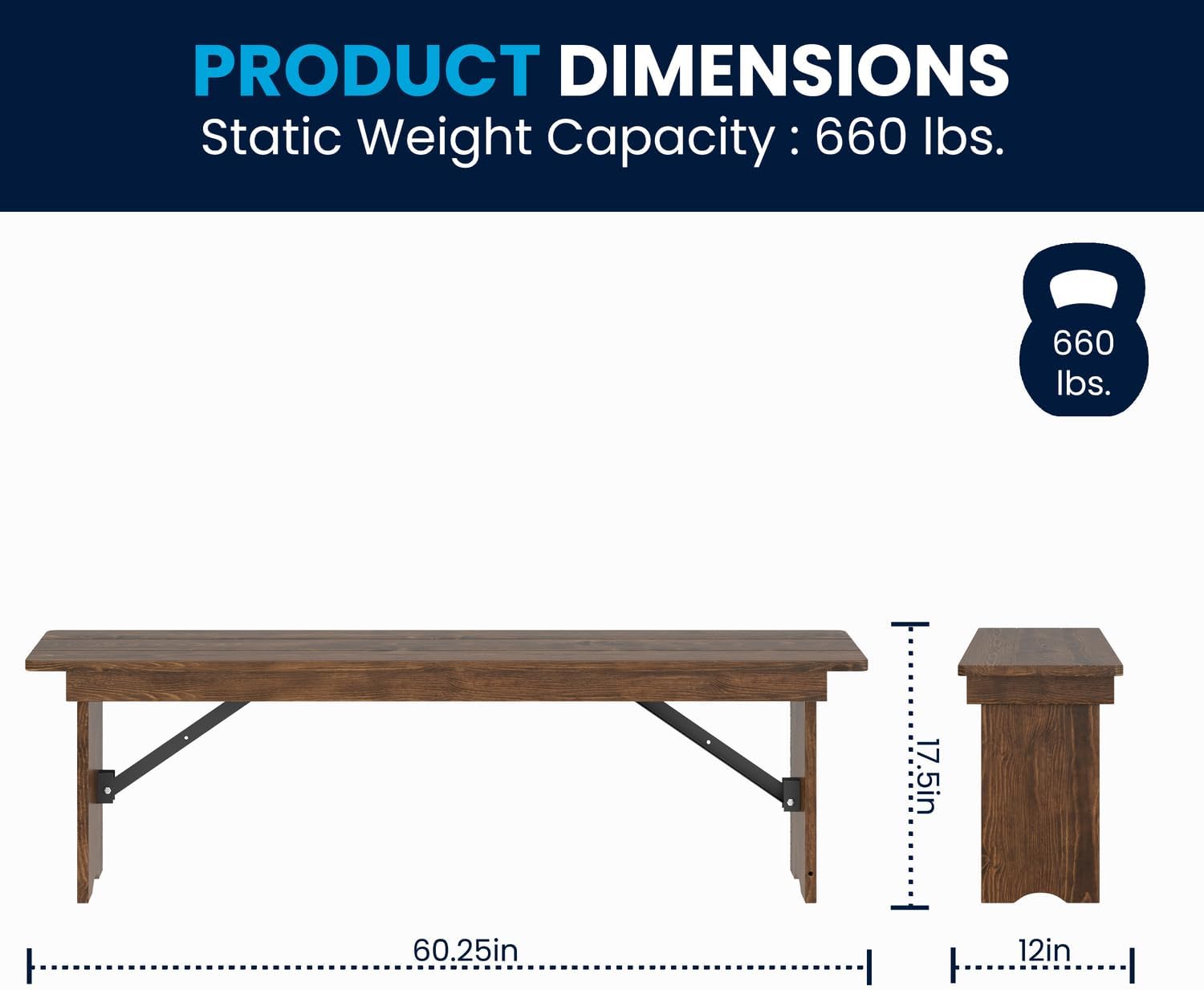Flash Furniture Hercules 60x12 in Commercial Folding Bench, Rustic | Foldable Locking Legs, Farmhouse, Rustic