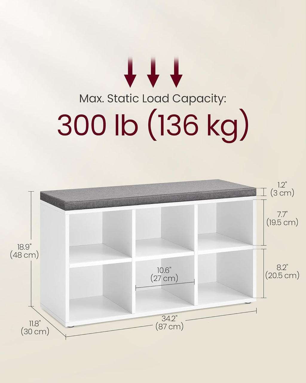 VASAGLE Shoe Bench with Cushion, Shoe Storage Bench with 6 Compartments and 3 Adjustable Shelves, Entryway Bench with Padded Seat, for Bedroom, Closet, Living Room, White ULHS23WT