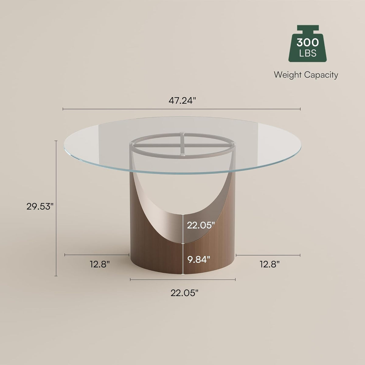 POVISON Round Dining Table for 4-6, 47" Glass Tabletop Dining Table with Bronze Carbon Steel Pedestal, Modern Dining Room Table for Kitchen, Living Room (Table Only)
