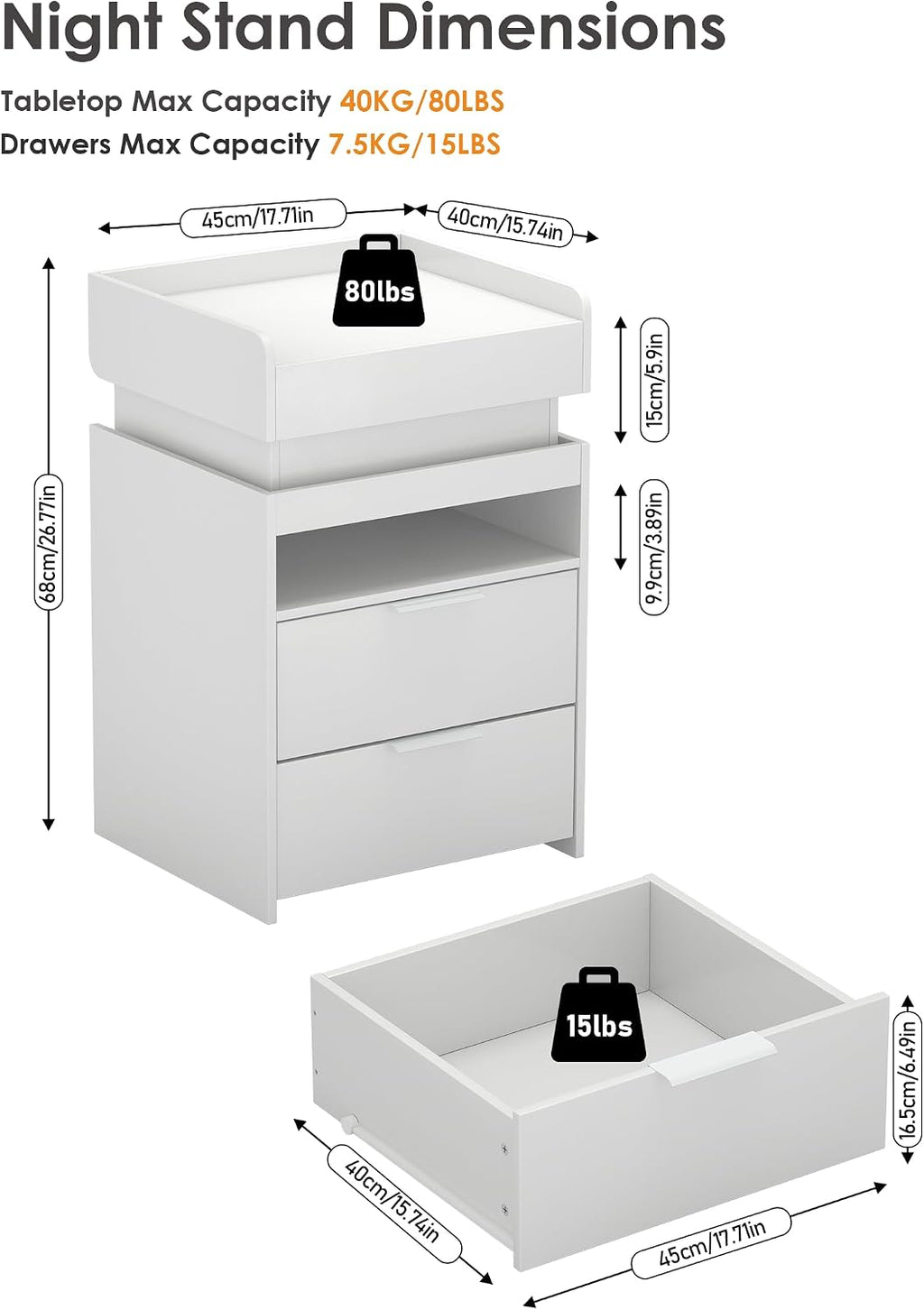 Turosur White Nightstand with Charging Station and LED Lights, Modern Beside End Table with USB and Type-C Port for Bedroom Gaming Room