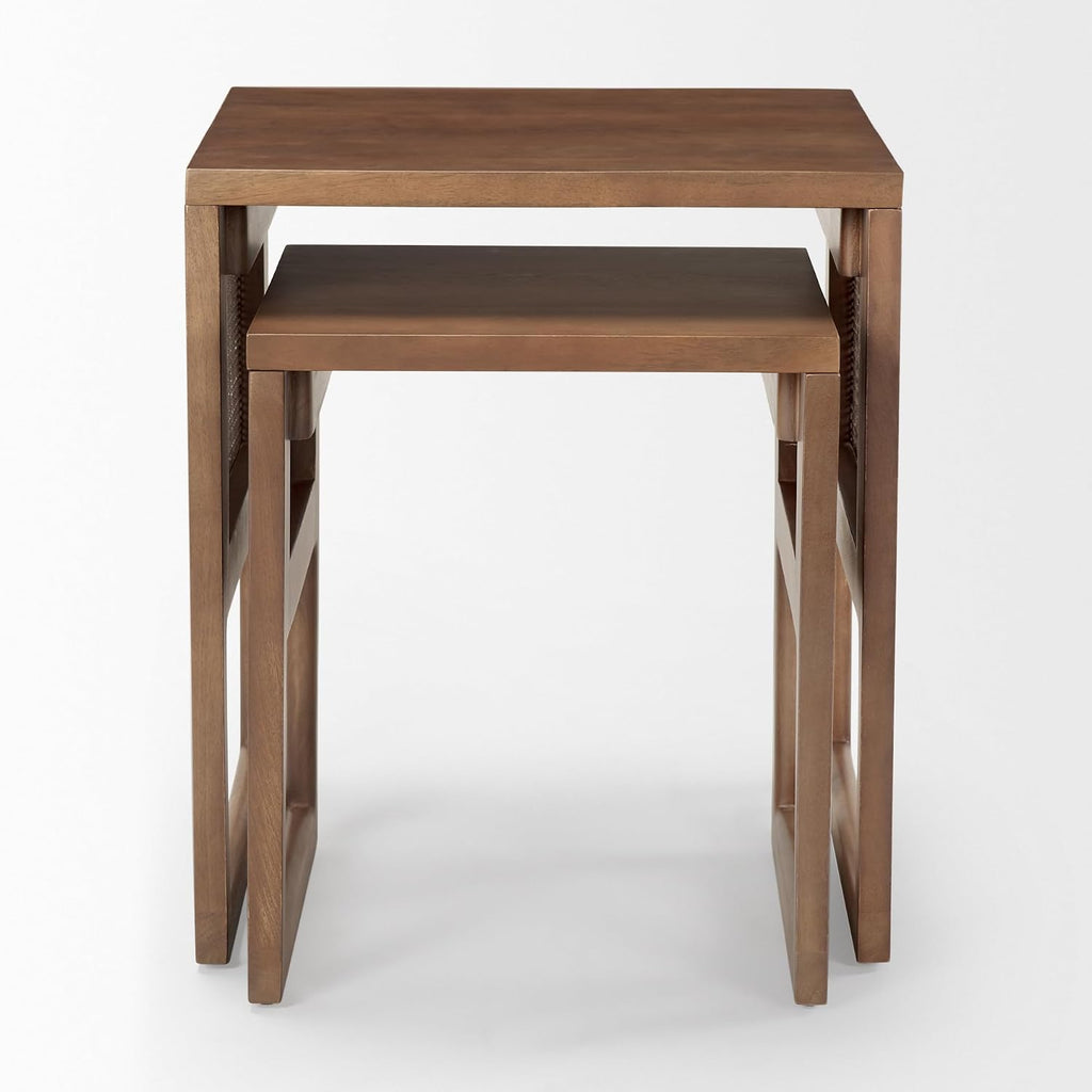 Mercana Grier Set of 2 Medium Brown Solid Wood w/Cane Nesting Accent Tables