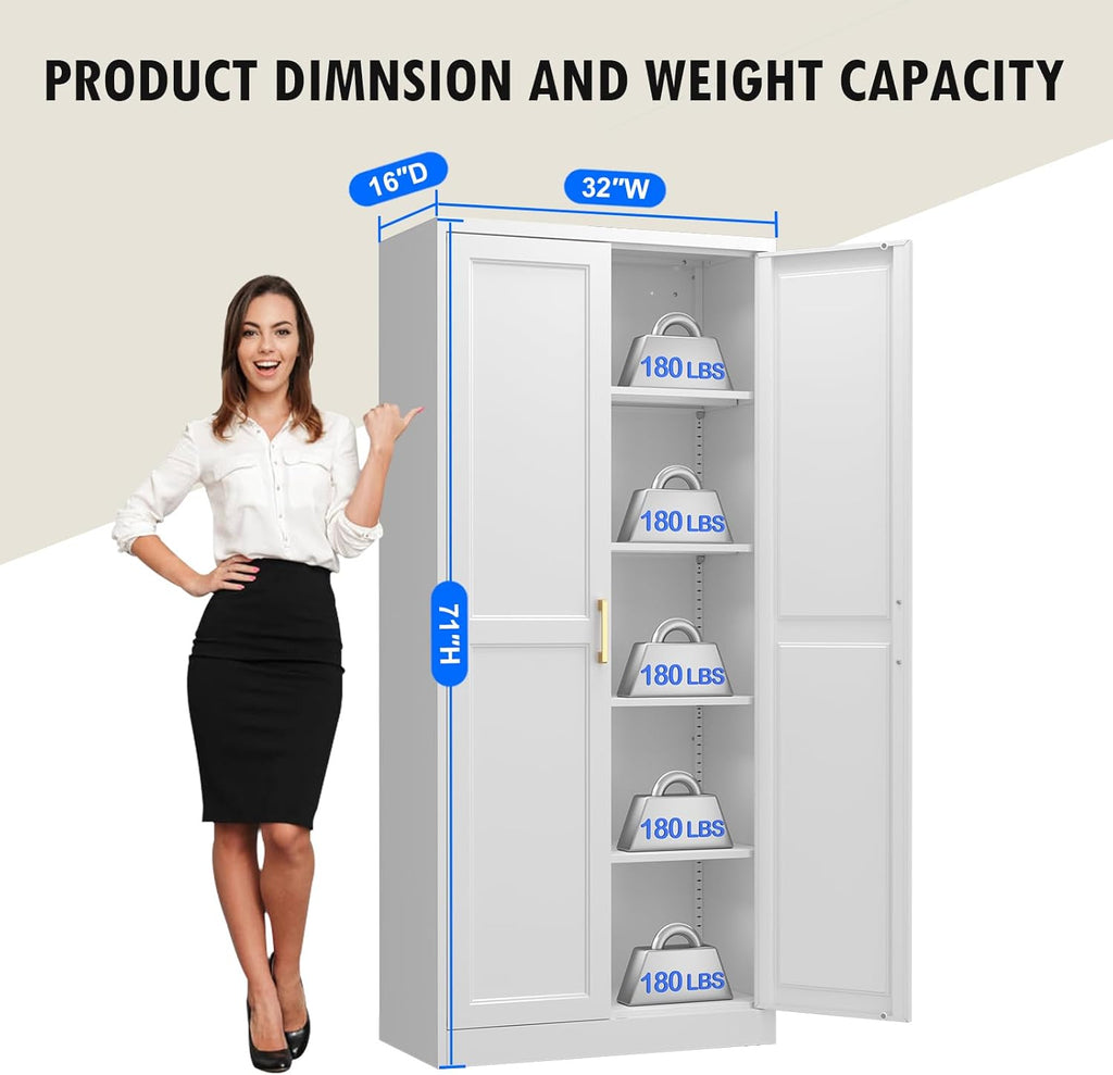 Polup 71" White Metal Kitchen Pantry Storage Cabinet with Doors and Shelves | Tall Freestanding Cupboard, 5-Tier Heavy Duty, 4 Adjustable Shelving, Gold Handles, for Garage, Dining Living Room, Office