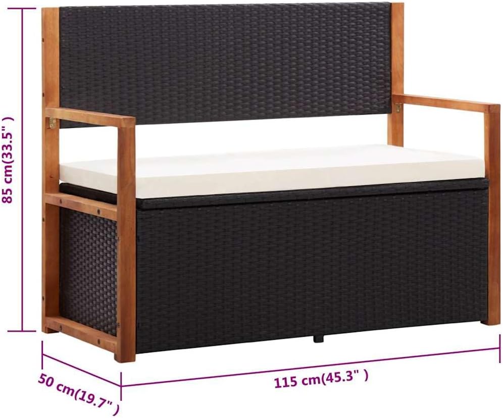 Outdoor Storage Bench with Solid Acacia Wood Accents and Comfortable Cushion, 45.3 inch Poly Rattan Garden Seating for Patio, Deck, and Backyard Organization