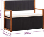 45.3" Storage Bench for Patio Garden, Poly Rattan Outdoor Bench with Large Storage Box and Solid Acacia Wood Accents, 2-Seat Deck Furniture with Comfortable Cushion, Black