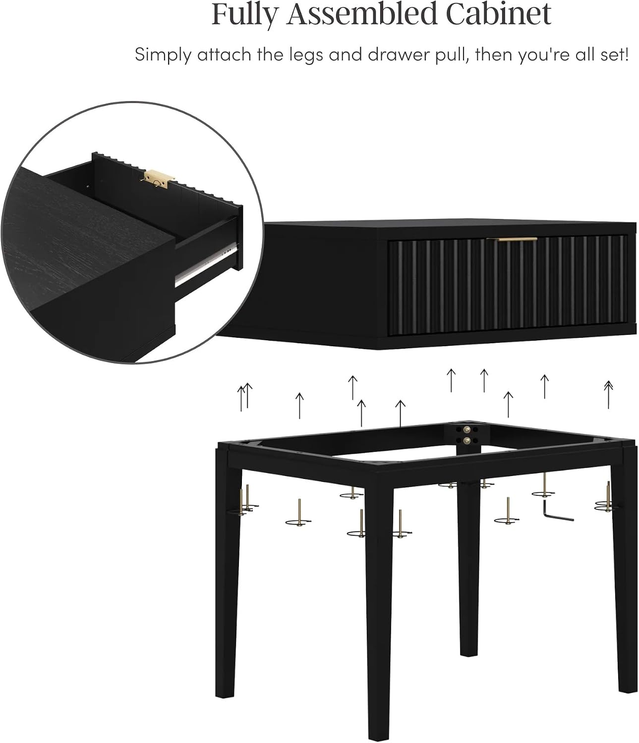 Nathan James Jasper Boho Side Table, Solid Wood Bedroom Nightstand or Bedside Table with Drawer with Fluted Doors and Brass Handles, Black
