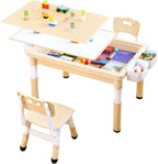 4 in 1 Kids Table and 2 Chairs Set, Large Storage Toddler Table and Chair Set with 4 Side Box, Graffiti/Building Blocks Double-Sided Tabletop, Multi-Functional Children Activity Table