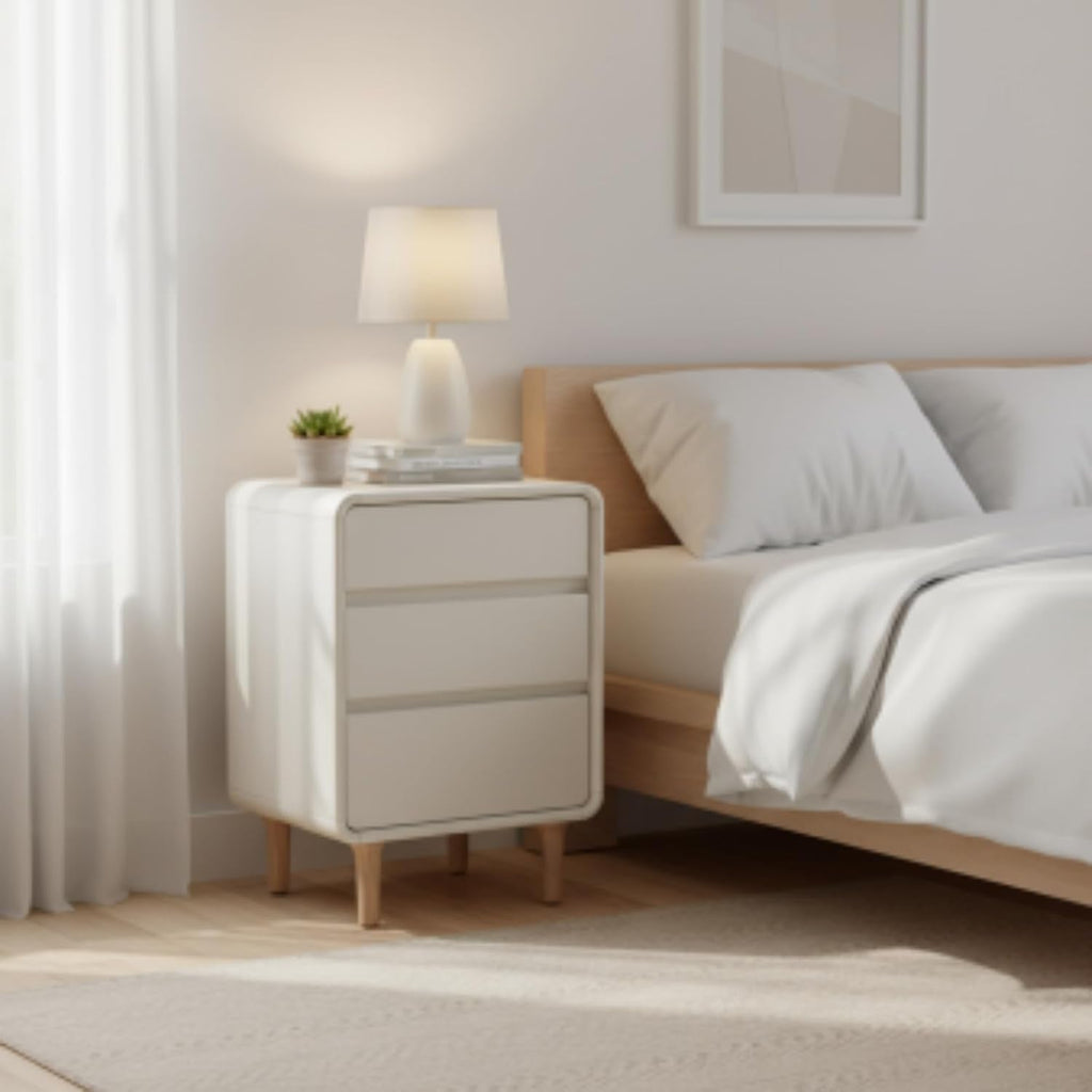 3-Drawers White Wood Nightstand, Mid Century Modern Nightstands, Tall Night Stand for Bedroom, Wood Bedside Tables for Dorm, Sturdy(Rubberwood, 24.88" H)