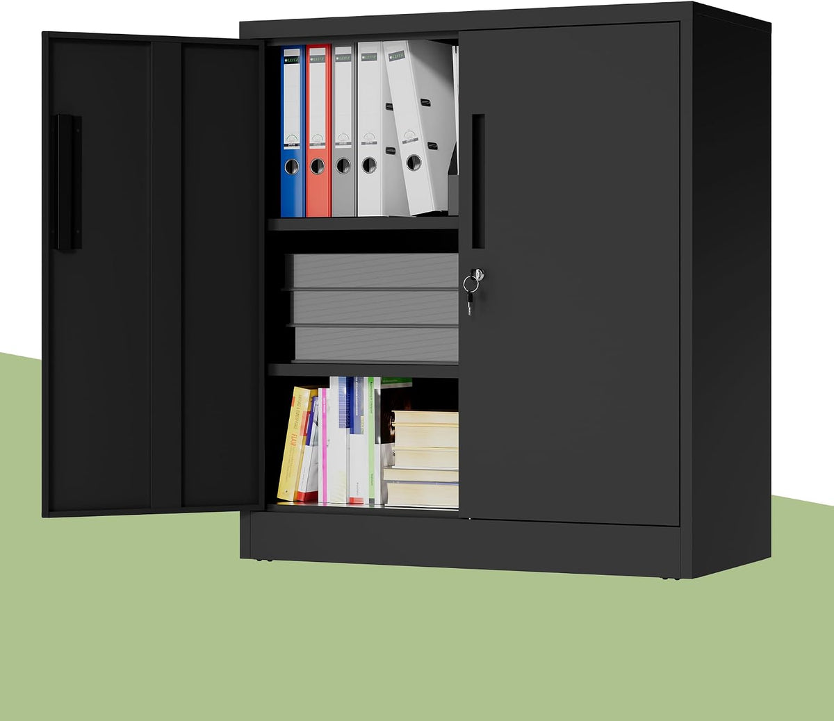 Metal Storage Cabinet, 35" H Garage Storage Cabinet with Doors and Adjustable Shelves, Small Locking Tool Cabinet Utility Cabinets for Home Office, Garage, Warehouse, School (Black)