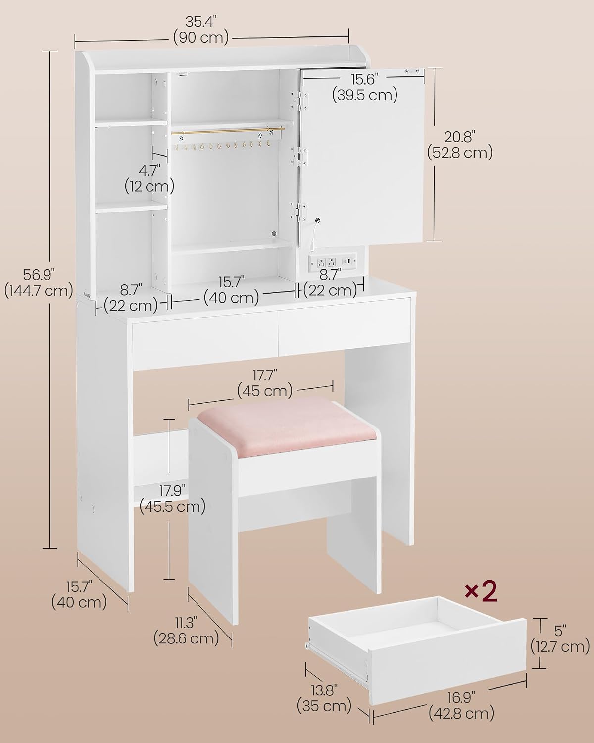 VASAGLE 35.4-Inch Vanity Desk with Mirror and Lights, 2 Drawers | Modern Vanity Table Set with Stool, Power Outlets, Jewelry Storage, 6 Compartments, Cloud White, KAILYN Collection URDT031W01