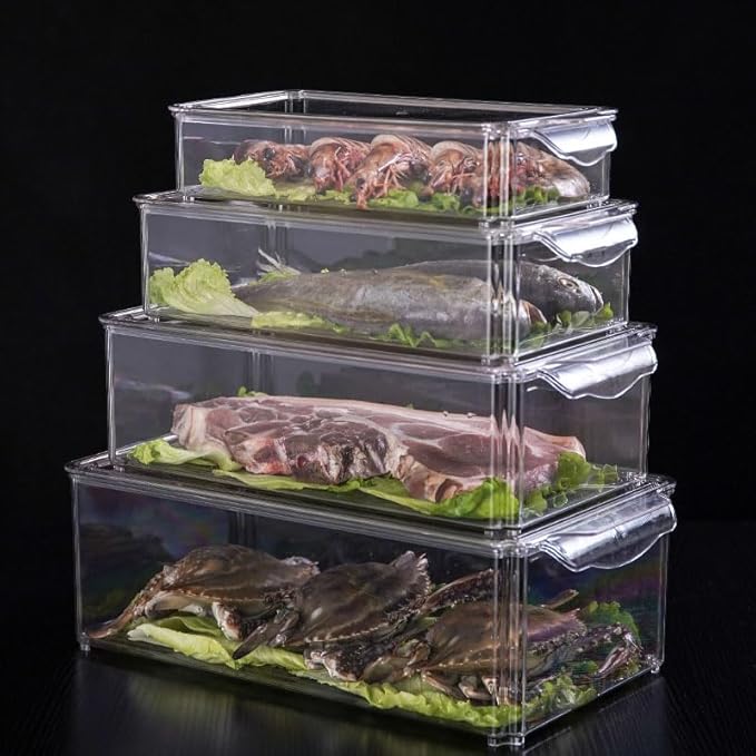 Taiuloo Set of 4 Fridge Organizer, Stackable Refrigerator Organizer Bins with Lids, Kitchen Pantry Cabinet Organization, BPA-Free Clear Food Storage Containers for Fruit, Vegetable, Cereal, Produce