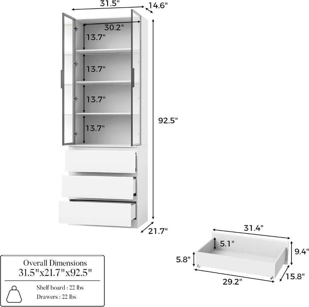 Homsee 92.5" H Lighted Kitchen Pantry Cabinet with 3 Drawers & Glass Doors, Kitchen Cupboard w/3-Color LED Lights & 4-Tier Display Shelves, Modern Storage Cabinet w/Countertop, 31.5" W Cream White