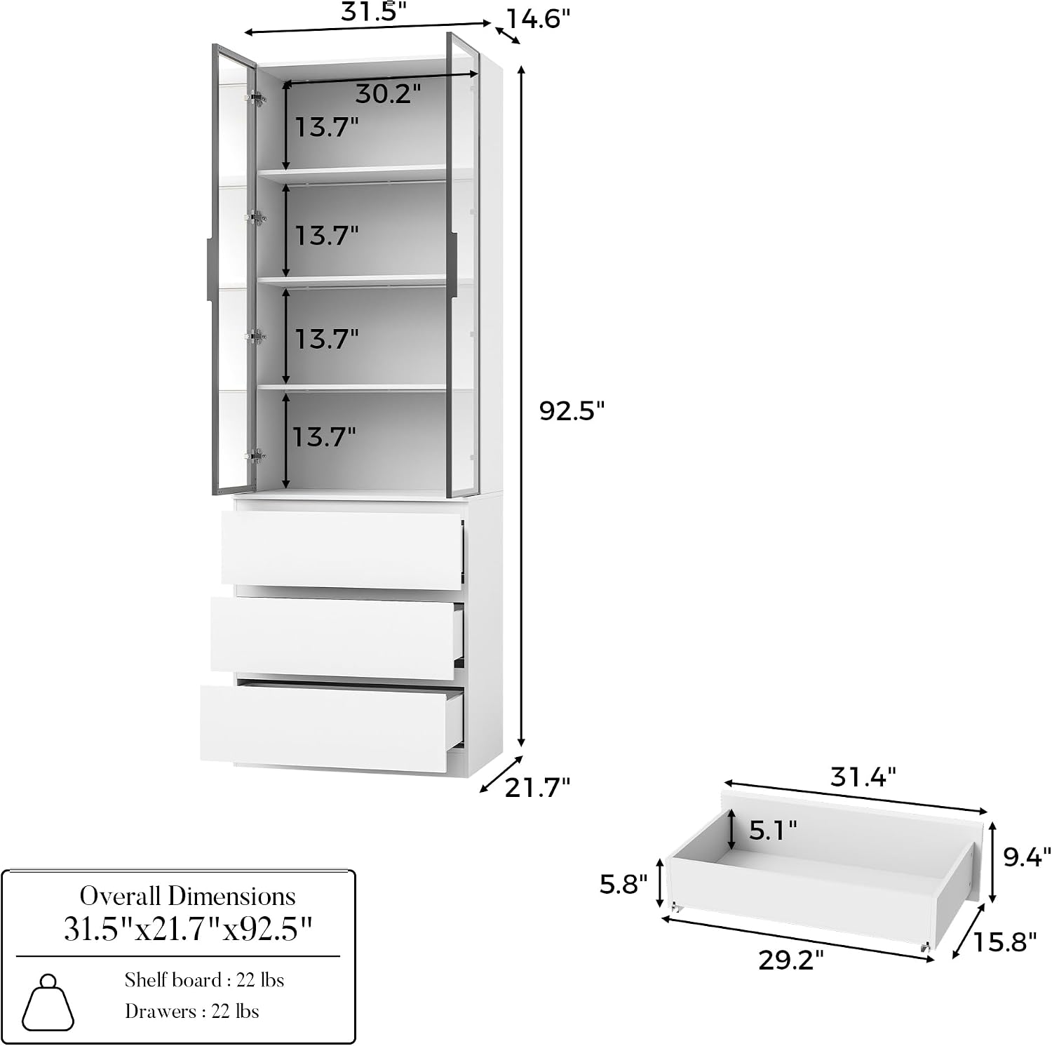 Homsee 92.5" H Lighted Kitchen Pantry Cabinet with 3 Drawers & Glass Doors, Kitchen Cupboard w/3-Color LED Lights & 4-Tier Display Shelves, Modern Storage Cabinet w/Countertop, 31.5" W Cream White