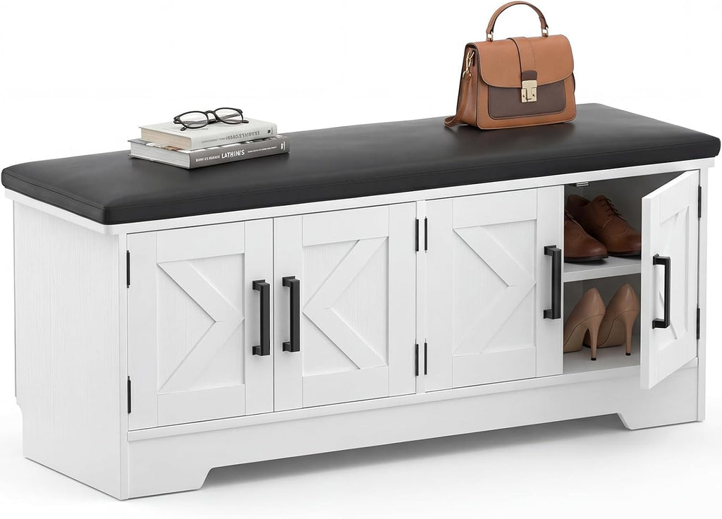 Armocity 43.3" Farmhouse Shoe Storage Bench with Cushion for Entryway | Wood Mudroom Bench with 4 Barn Doors, 2-Tier Adjustable Shelves, 300 Lbs Load, Anti-Slip Pad, Hidden Storage, White