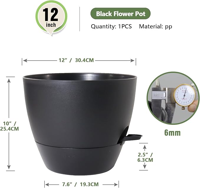 12 inch Large Self Watering Pots for Indoor Outdoor Plants, Flower Plant Pots with Mesh Drainage Holes for Garden House, Plastic Planters with Reservoir for Home Decor, Black