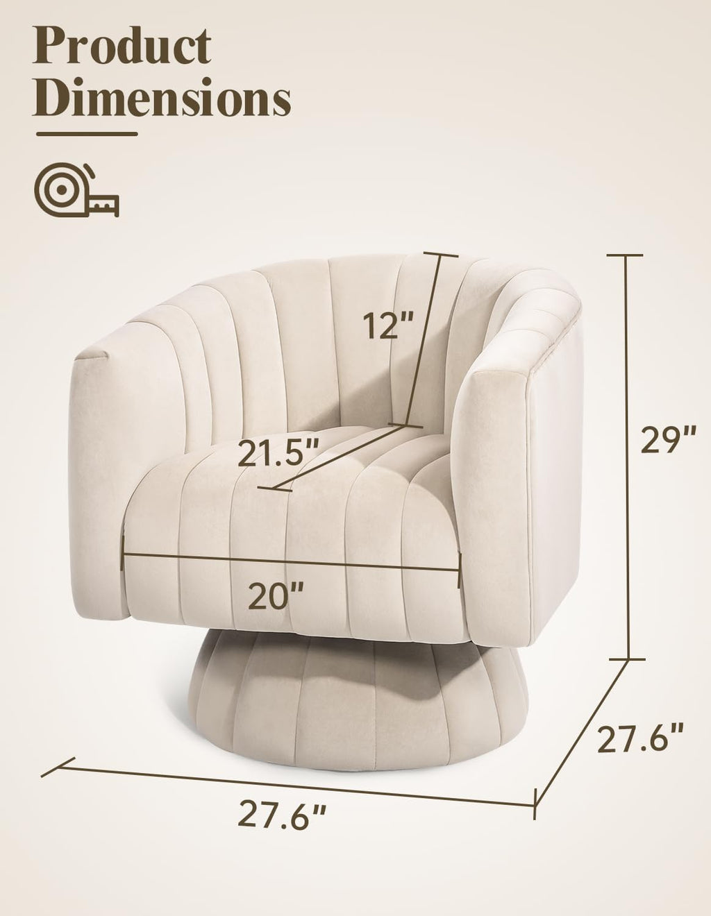Kromax Swivel Accent Chair, Modern 360 Degree Swivel Barrel Chair, Beige | Mid Century Overstuffed Tufted Velvet Chair with Armrest, Comfy Round Armchair, Ideal for Living Room, Bedroom, Reading Room
