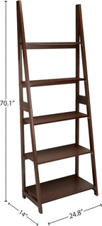 Amazon Basics 5-Tier Ladder Bookshelf Storage Organizer, Solid Rubberwood Frame, Space-Saving Bookcase, Sturdy Shelves, Walnut Finish, 14" D x 24.8" W x 70.1" H