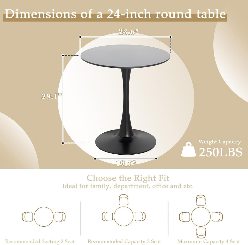 Dining Table and Dining Chair Set 23.6" Black Round Table&2 Leather Upholstered Wooden Legs Chairs for Kitchen Dining Room Small Space 3 Piece Dining Table and Chair Set(Black&White)
