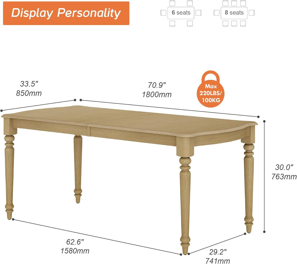 WAMPAT 70 Inch Dining Table for 6–8 People, Curved Edge Dining Room Table with Wood Grain & Gourd Leg, Farmhouse Solid Rubber Wood Dinner Tables for Kitchen, Oak