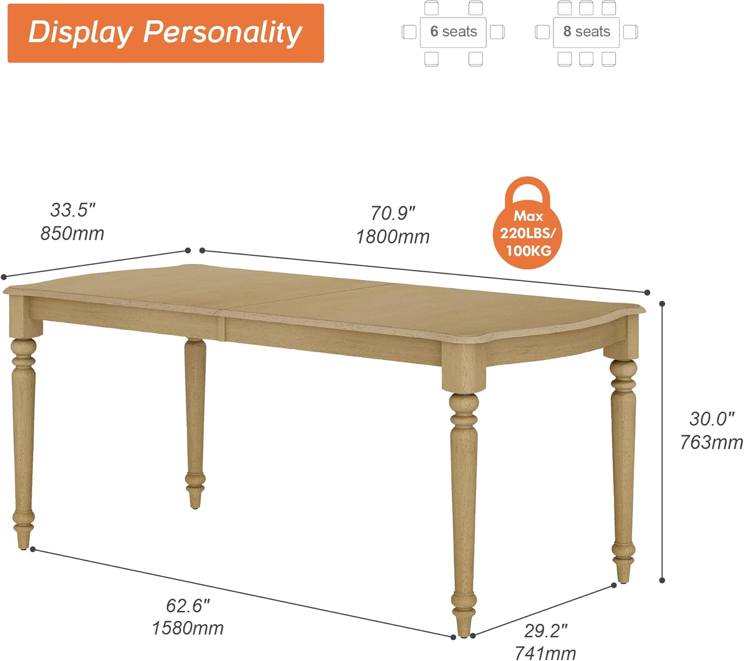 WAMPAT 70 Inch Dining Table for 6–8 People, Curved Edge Dining Room Table with Wood Grain & Gourd Leg, Farmhouse Solid Rubber Wood Dinner Tables for Kitchen, Oak