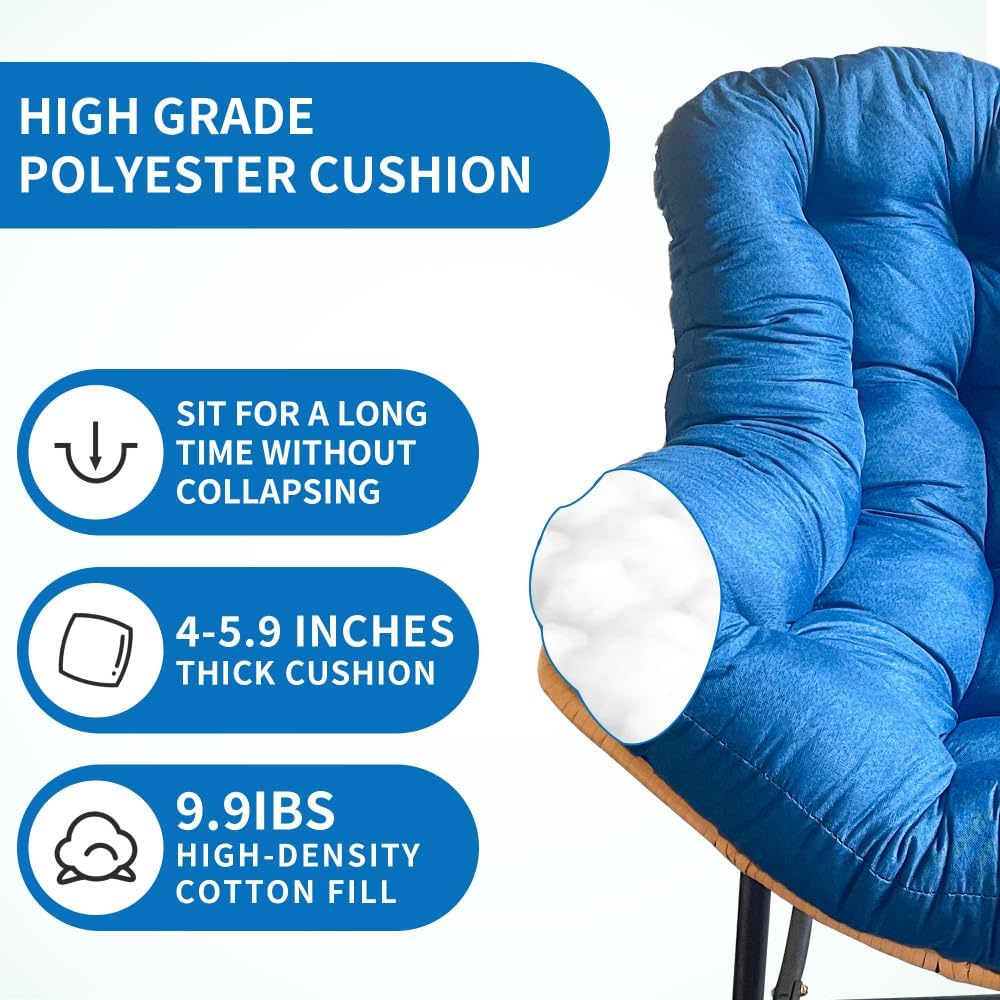 Larger Outdoor Rocking Chair, Rattan Wicker Lounge Chair, for Bedroom, Living Room, Porch, Garden,Lawn-Beige (Black+Blue + Metal + Cotton)