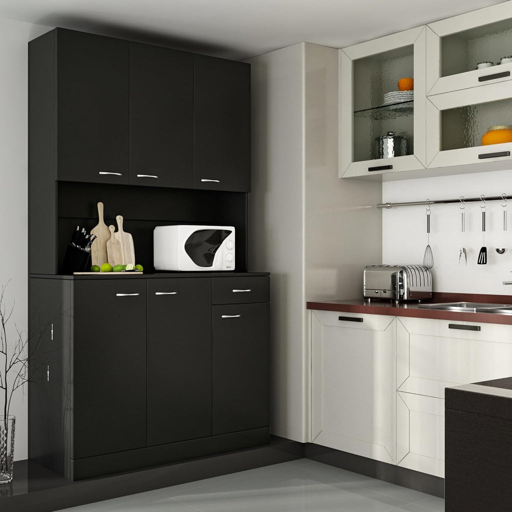71" Black Kitchen Pantry Cabinets with Microwave Stand, 6 Doors & 3 Adjustable Shelves, Freestanding China Cabinet Hutch, Buffet Cabinet with Storage