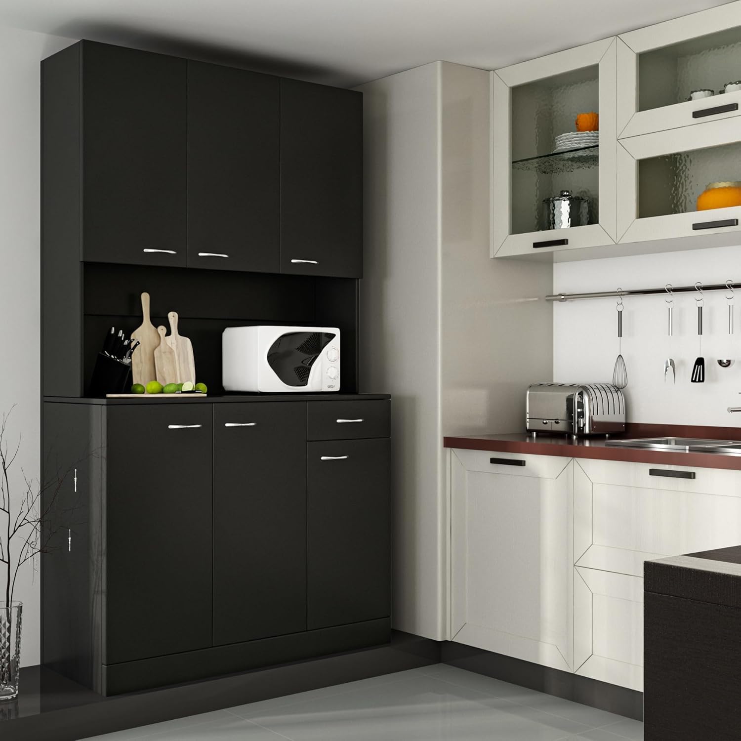 71" Black Kitchen Pantry Cabinets with Microwave Stand, 6 Doors & 3 Adjustable Shelves, Freestanding China Cabinet Hutch, Buffet Cabinet with Storage