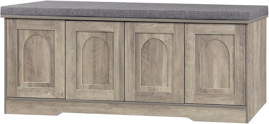 DINZI LVJ Shoe Bench, Entryway Storage Bench with Doors, Cushion, 2-Tier Shoe Rack with 8-Cubby, 47.2”L x 13.8”W Shoe Organizer Cabinet, Adjustable Shelf, Living Room, Bedroom, Gray Wash