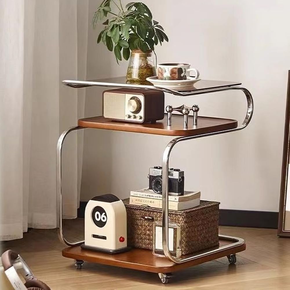 3 Tier Side Table with Glass Desktop TV Tray End Table with Storage Shelf and Wheels Storage Cart for Living Room Space Saver