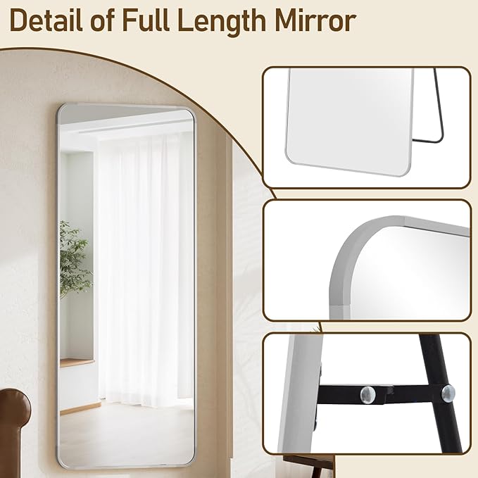 BEAUTYPEAK Silver Full Length Mirror, 71"x26" Rounded Corner Floor Mirror Standing Hanging or Leaning Against Wall, Suitable for Bedroom or Dressing Room