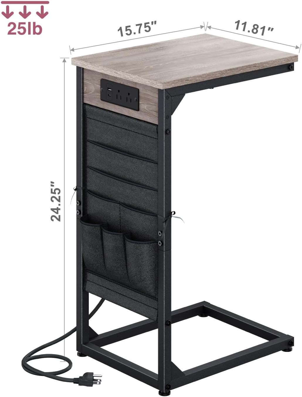 C-Shaped End Table with Fast-Charging Station, Small Couch Side Table with Storage Bag, Sofa TV Tray Table for Living Room, Bedroom, Bedside ET-GY-1