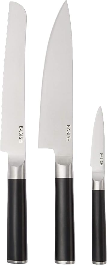 Babish German High-Carbon 1.4116 Steel Cutlery Knife Set, 3-Piece (Chef, Bread, & Pairing Knive) w/Kitchen Knives Roll