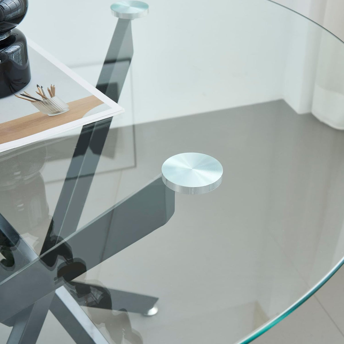 Modern Dining Table for 4-6 People, 47" Round Dining Table with Black Chrome Metal X-Base, Circle Tempered Glass Dining Room Table, Small Kitchen Dining Room Tables Dinner Tables