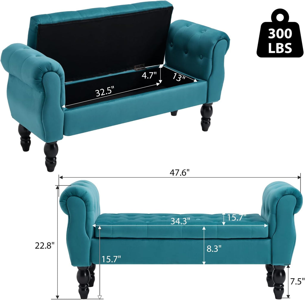 48'' Storage Bench for End of Bed, Upholstered Bedroom Bench with Arms Modern Velvet Lift-top Entryway Ottoman with Storage, Button Tufted Window Bench for Living Room, Reception, Teal