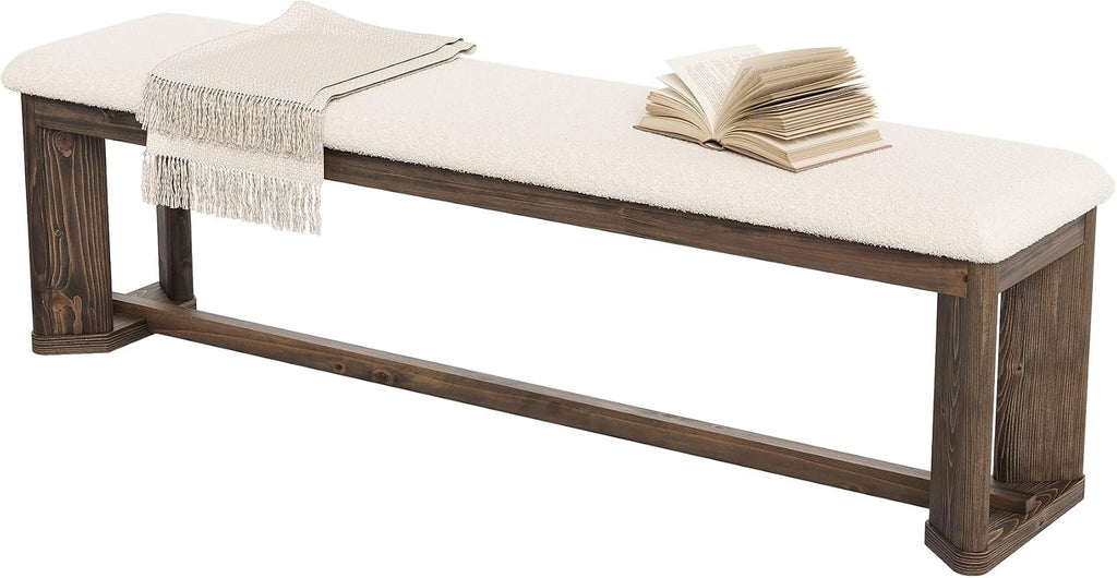 LITTLE TREE 63" Upholstered Bench, Solid Wood Entryway Shoe Bench with Cushion, Long Modern Farmhouse End of Bed Bench with Antique Brown Legs & Faux Lamb Fur Seat for Bedroom, Living Room, Dining