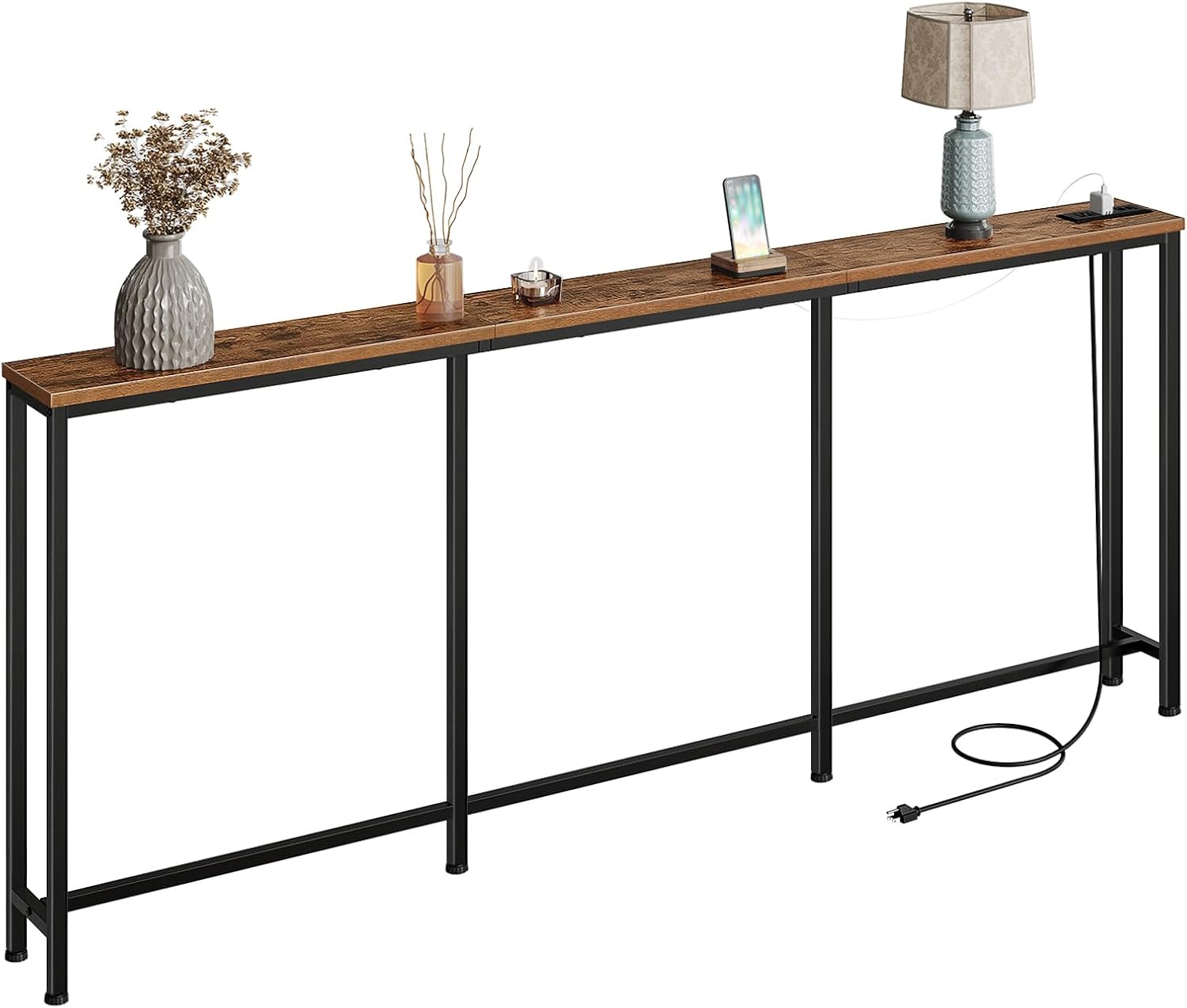 CHOEZON 78.7'' Narrow Console Table with Power Outlet 7.1" Skinny Sofa Table, Long Behind Couch Table with Charging Station, Entryway Table for Hallway, Living Room Rustic Brown and Black TXG20UBF