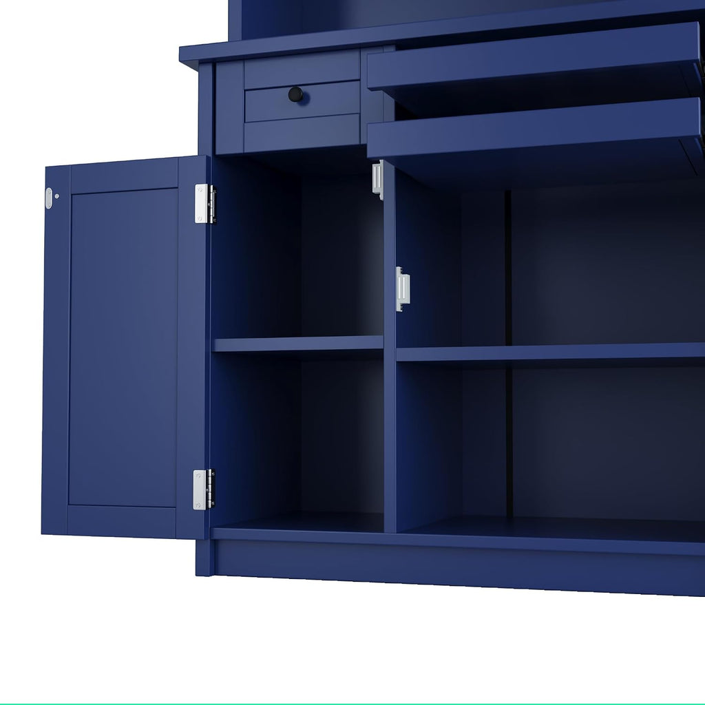 Farmhouse 35.4x17.7x74.8inch Freestanding Kitchen Pantry Cabinet with Hutch, Buffet with Wine Rack, Adjustable Shelves & Tempered Glass Doors, Tall Kitchen Storage Cabinet for Dining Room (Blue Color)
