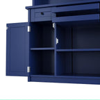 Farmhouse 35.4x17.7x74.8inch Freestanding Kitchen Pantry Cabinet with Hutch, Buffet with Wine Rack, Adjustable Shelves & Tempered Glass Doors, Tall Kitchen Storage Cabinet for Dining Room (Blue Color)