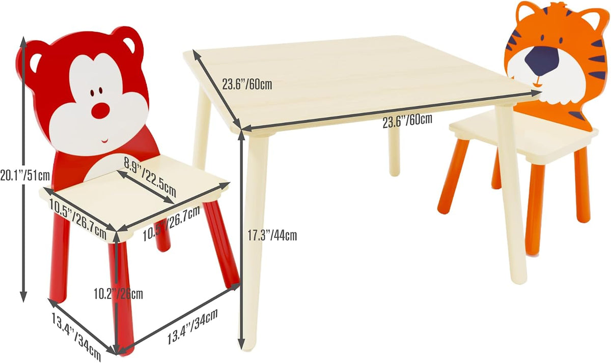 Kids Table & 2 Chairs Set Bear Tiger Wooden 3-Piece Toddler Set