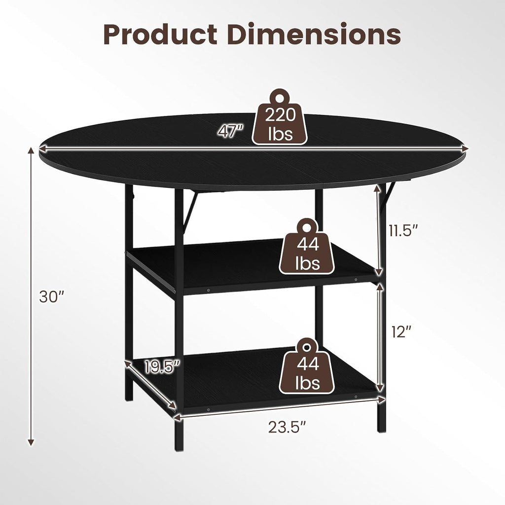 GOFLAME Round Dining Table for 4-6 People, 47” Kitchen Table with 2-Tier Storage Shelves and Heavy-Duty Metal Frame, Industrial Dinner Table for Kitchen, Dining Room, Apartment, Black