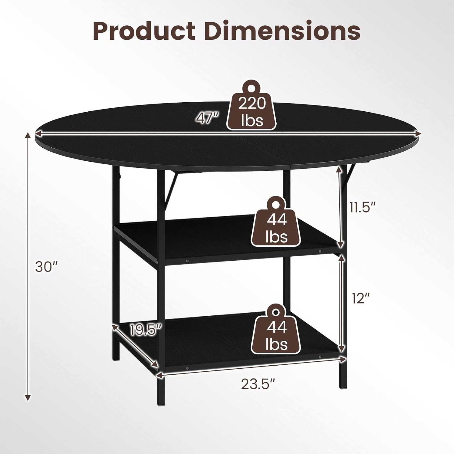 GOFLAME Round Dining Table for 4-6 People, 47” Kitchen Table with 2-Tier Storage Shelves and Heavy-Duty Metal Frame, Industrial Dinner Table for Kitchen, Dining Room, Apartment, Black
